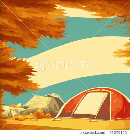 Autumn. Morning landscape in the mountains. Solitude in nature against the backdrop of mountains. Weekend in a tent in the autumn colorful forest. hiking and camping. Vector flat illustration Autumn. Morning landscape in the mountains. Solitude in nature against the backdrop of mountains. Weekend in a tent in the autumn colorful forest. hiking and camping. Vector flat illustration 95079123