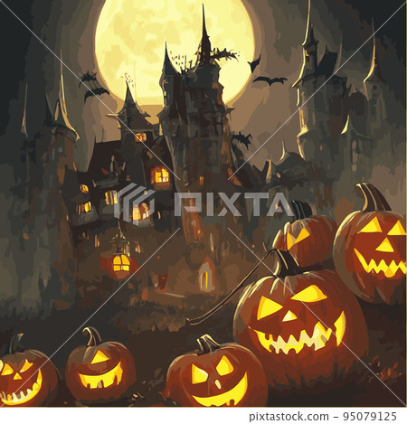 Halloween night background image with spooky castle and pumpkins. Vector elements banner, Halloween celebration greeting card, Halloween party poster. haunted house and full moon, vector illustration Halloween night background image with spooky castle and pumpkins. Vector elements banner, Halloween celebration greeting card, Halloween party poster. haunted house and full moon, vector illustration 95079125