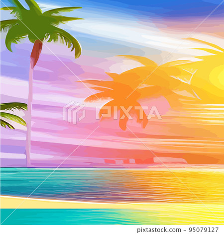 miami beach with palm trees at sunset .Tropical landscape with sunny sky, palm trees on the beach. silhouette of palm trees on the sunset beach miami beach with palm trees at sunset .Tropical landscape with sunny sky, palm trees on the beach. silhouette of palm trees on the sunset beach 95079127
