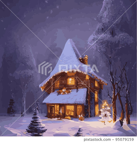 Vector illustration of Christmas night scene with snowy wooden house and decorated fir tree, sweet home in snowy forest. Christmas, happy new year 95079159