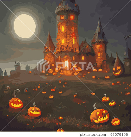 Halloween night background image with spooky castle and pumpkins. Vector elements banner, Halloween celebration greeting card, Halloween party poster. haunted house and full moon, vector illustration 95079196