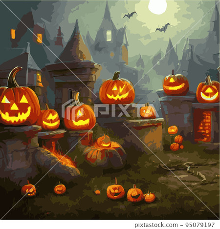Creepy Halloween card. Glowing pumpkins on the background of a spooky place with a fantasy style house. Halloween party with pumpkins. Vector illustration. Creepy Halloween card. Glowing pumpkins on the background of a spooky place with a fantasy style house. Halloween party with pumpkins. Vector illustration. 95079197