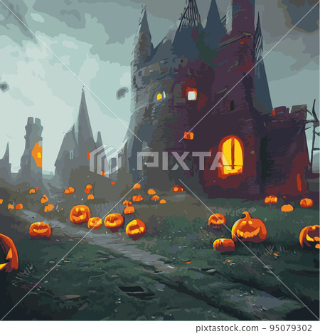 Halloween night background image with spooky castle and pumpkins. Vector elements banner, Halloween celebration greeting card, Halloween party poster. haunted house and full moon, vector illustration 95079302