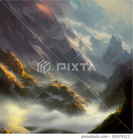 Realistic illustration of a mountain landscape with hills and coniferous forest under retro. Smoke mountains. vector landscape for your design. Magic hill silhouette. Realistic illustration of a mountain landscape with hills and coniferous forest under retro. Smoke mountains. vector landscape for your design. Magic hill silhouette. 95079321