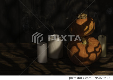 Little frog on an orange pumpkins for Halloween with the shadow of the branches of a creepy tree on dark background. festive design with candles Little frog on an orange pumpkins for Halloween with the shadow of the branches of a creepy tree on dark background. festive design with candles 95079322