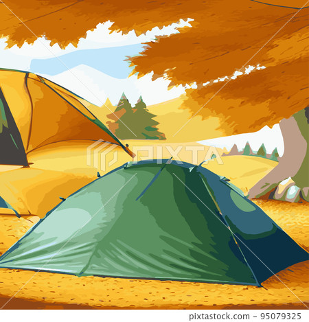 Vector illustration camping site with tent in autumn forest with wildlife trees Autumn mood square frame that can be used for print designs greeting cards Camping autumn scene Forest walking landscape Vector illustration camping site with tent in autumn forest with wildlife trees Autumn mood square frame that can be used for print designs greeting cards Camping autumn scene Forest walking landscape 95079325