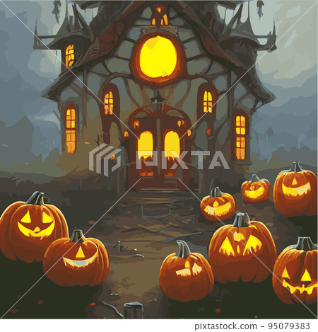 Creepy Halloween card. Glowing pumpkins on the background of a spooky place with a fantasy style house. Halloween party with pumpkins. Vector illustration. Creepy Halloween card. Glowing pumpkins on the background of a spooky place with a fantasy style house. Halloween party with pumpkins. Vector illustration. 95079383