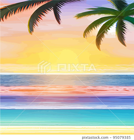 miami beach with palm trees at sunset .Tropical landscape with sunny sky, palm trees on the beach. silhouette of palm trees on the sunset beach 95079385