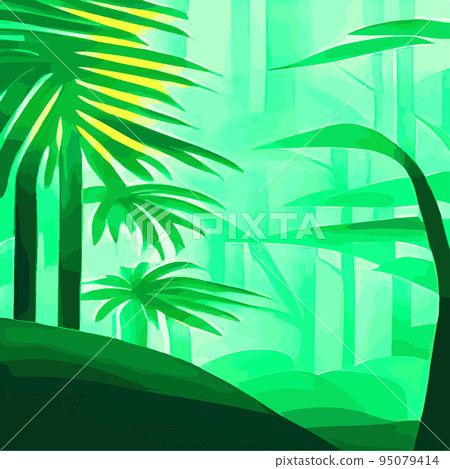Tropical card with lush palm foliage. Oasis landscape. Hand drawn vector illustration .vector Tropical typography design with jungle green palm leaves. forest background 95079414
