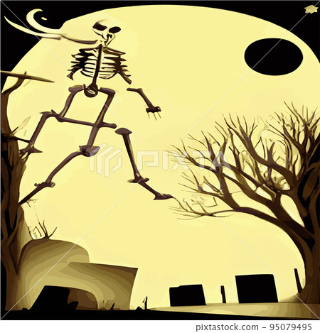 Halloween party poster. Design cartoon design with pumpkins, vintage night bat and trees and castle, wizard and spooky ghosts, dark background, abstract autumn decor. Horror objects. Halloween party poster. Design cartoon design with pumpkins, vintage night bat and trees and castle, wizard and spooky ghosts, dark background, abstract autumn decor. Horror objects. 95079495