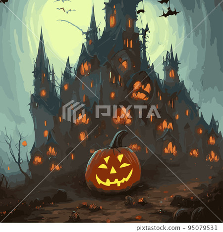 Halloween poster background. Foggy landscape with bats, big moon, pumpkins, trees and a dark gothic castle in the background. Illustrator vector template ,Scary horror halloween party 95079531