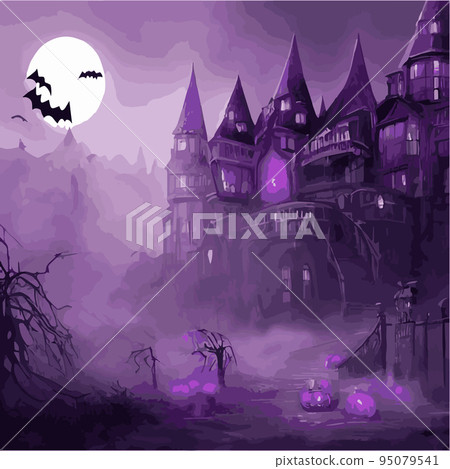 Happy Halloween poster in fantasy style, night background with spooky pumpkins on dark gothic castle background, illustration. Vector elements for banner, Halloween celebration greeting card. 95079541