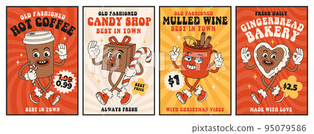 Christmas market street foods and drinks. Poster, flyer, menu design with coffee, mulled wine, candy, glintwine, cookie, gingerbread in trendy retro cartoon style. Merry Christmas and Happy New year. 95079586