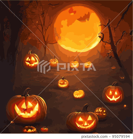 Creepy Halloween card. Glowing pumpkins on the background of a spooky place with a fantasy style house. Halloween party with pumpkins. Vector illustration. 95079594