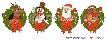 Merry Christmas and Happy New year. Santa Claus, bear, snowman, reindeer, wreath in trendy retro cartoon style. Sticker pack of comic characters. Merry Christmas and Happy New year. Santa Claus, bear, snowman, reindeer, wreath in trendy retro cartoon style. Sticker pack of comic characters. 95079595