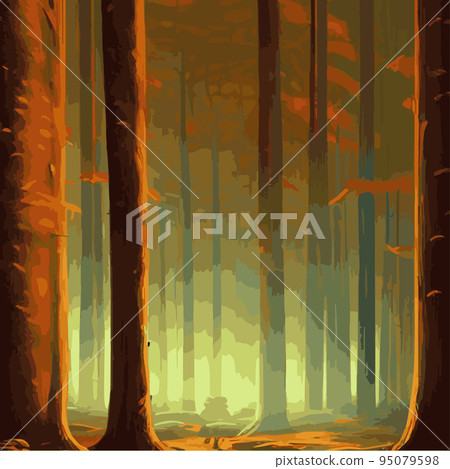 mysterious forest. Background landscape at night twilight foggy forest. Cartoon colored illustration of taiga dark coniferous forest forests. enchanted forest at night. 95079598