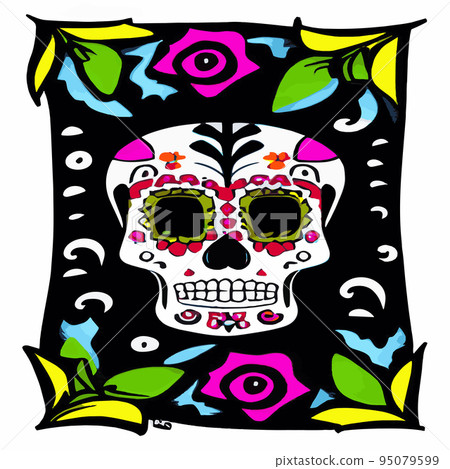 Traditional vetor illustration Day of Dead holiday, Mexican with sugar skulls tribute deceased. with floral ornament flower garland. design fabrics, textiles, paper, wallpapers Retro. Vintage style. Traditional vetor illustration Day of Dead holiday, Mexican with sugar skulls tribute deceased. with floral ornament flower garland. design fabrics, textiles, paper, wallpapers Retro. Vintage style. 95079599