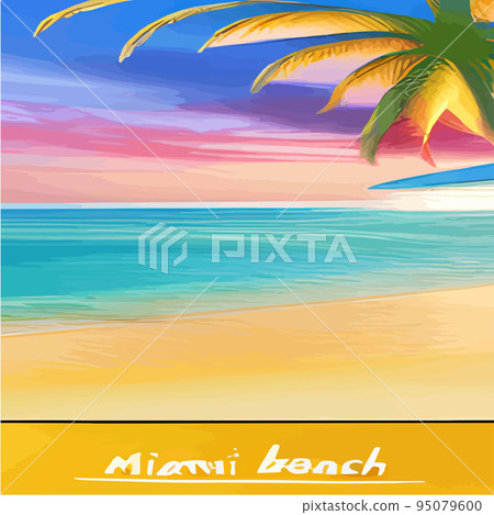 miami beach with palm trees at sunset .Tropical landscape with sunny sky, palm trees on the beach. silhouette of palm trees on the sunset beach miami beach with palm trees at sunset .Tropical landscape with sunny sky, palm trees on the beach. silhouette of palm trees on the sunset beach 95079600