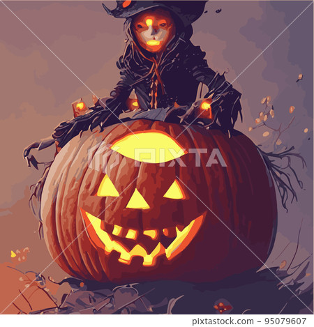 Spooky vector illustration pumpkins fantasy style. Halloween stylized horror pumpkin spooky party decoration, mockup, web page design template. posters, banners, invitations, advertisements, flyers 95079607