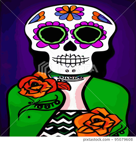 Traditional vetor illustration Day of Dead holiday, Mexican with sugar skulls tribute deceased. with floral ornament flower garland. design fabrics, textiles, paper, wallpapers Retro. Vintage style. 95079608