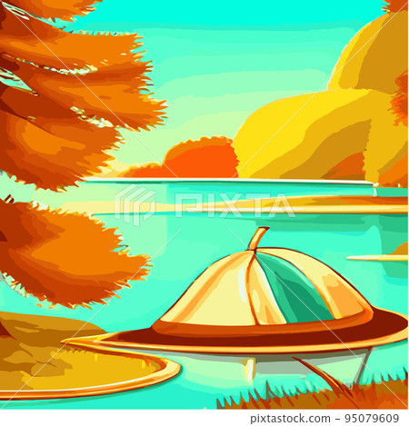 autumn camp outdoors by the lake with tent vintage vector. Campground poster, mountain, river, illustration. Relaxation lifestyle. Nature illustration landscape, sun, sky scene. Relaxation autumn camp outdoors by the lake with tent vintage vector. Campground poster, mountain, river, illustration. Relaxation lifestyle. Nature illustration landscape, sun, sky scene. Relaxation 95079609