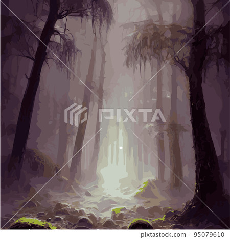 exotic foggy forest natural forest landscape. vector illustration . Landscape silhouette. Dense trees, lush spring, summer grass. Tropical forest with dense vegetation of trees, shrubs and vines. exotic foggy forest natural forest landscape. vector illustration . Landscape silhouette. Dense trees, lush spring, summer grass. Tropical forest with dense vegetation of trees, shrubs and vines. 95079610