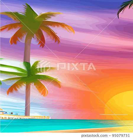 miami beach with palm trees at sunset .Tropical landscape with sunny sky, palm trees on the beach. silhouette of palm trees on the sunset beach 95079731