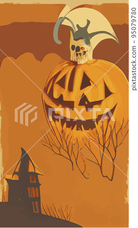 Vintage Halloween poster design with vector ghost character. pumpkin composition, pumpkin leaves, halloween, with scary halloween elements, autumn design elements. Vector illustration. 95079780