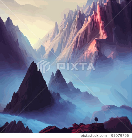 Realistic illustration of a mountain landscape with hills and coniferous forest under retro. Smoke mountains. vector landscape for your design. Magic hill silhouette. Realistic illustration of a mountain landscape with hills and coniferous forest under retro. Smoke mountains. vector landscape for your design. Magic hill silhouette. 95079796