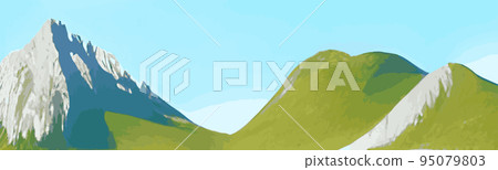 Spring landscape with mountain, blue sky and clouds, panorama green fields, fresh and peaceful rural nature in spring with green grassy ground. Cartoon illustration for spring and summer banner Spring landscape with mountain, blue sky and clouds, panorama green fields, fresh and peaceful rural nature in spring with green grassy ground. Cartoon illustration for spring and summer banner 95079803