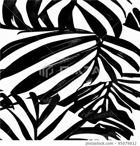Exotic leaves seamless pattern in black and white. Stylish abstract vector decorative background. Tropical palm leaves, jungle leaf seamless vector floral pattern. Grunge tropical style wallpaper. 95079812