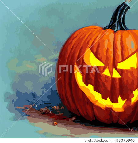 Spooky vector illustration pumpkins fantasy style. Halloween stylized horror pumpkin spooky party decoration, mockup, web page design template. posters, banners, invitations, advertisements, flyers 95079946