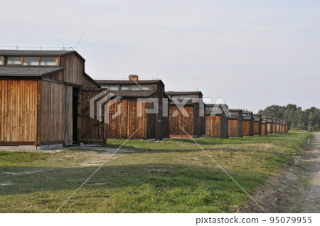 Poland, Birkenau, Auschwitz Museum, Second Concentration Camp Birkenau, rows of prisoner (inmate) buildings Poland, Birkenau, Auschwitz Museum, Second Concentration Camp Birkenau, rows of prisoner (inmate) buildings 95079955