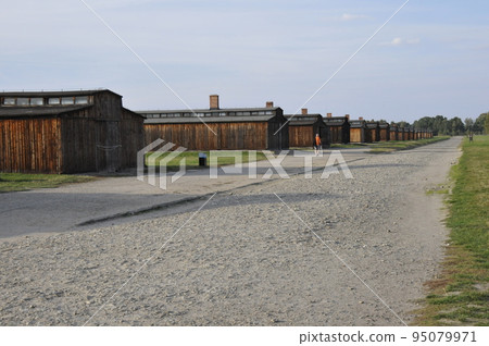 Poland, Birkenau, Auschwitz Museum, Second Concentration Camp Birkenau, rows of prisoner (inmate) buildings Poland, Birkenau, Auschwitz Museum, Second Concentration Camp Birkenau, rows of prisoner (inmate) buildings 95079971