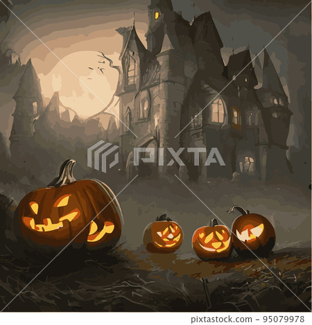 Halloween poster background. Foggy landscape with bats, big moon, pumpkins, trees and a dark gothic castle in the background. Illustrator vector template ,Scary horror halloween party Halloween poster background. Foggy landscape with bats, big moon, pumpkins, trees and a dark gothic castle in the background. Illustrator vector template ,Scary horror halloween party 95079978