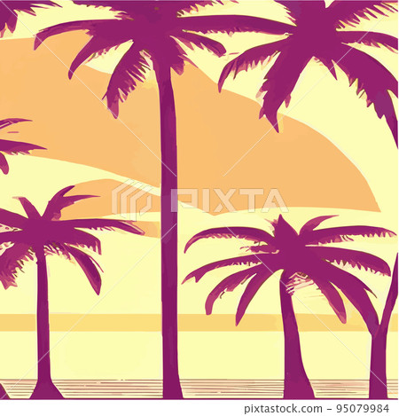 Vintage palm trees beach. Abstract background with sunny gradient. Palm trees silhouettes Cartoon flat panoramic landscape, sunset with palm trees colored background Summer vacation. Sunrise or sunset 95079984