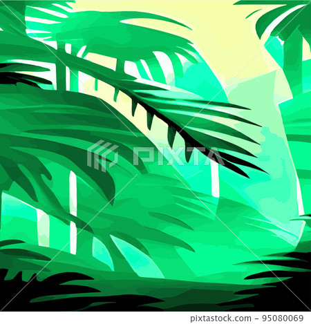 Tropical card with lush palm foliage. Oasis landscape. Hand drawn vector illustration .vector Tropical typography design with jungle green palm leaves. forest background 95080069