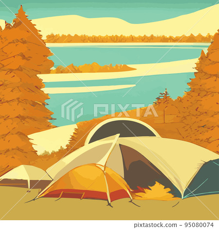 Autumn camping in the autumn colorful forest on the lake with a tent. The concept of hiking in the autumn season. Flat autumn landscape. Vector countryside illustration with woods 95080074