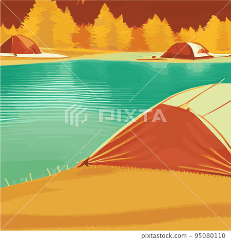 Autumn. Morning landscape in the mountains. Solitude in nature against the backdrop of mountains. Weekend in a tent in the autumn colorful forest. hiking and camping. Vector flat illustration 95080110