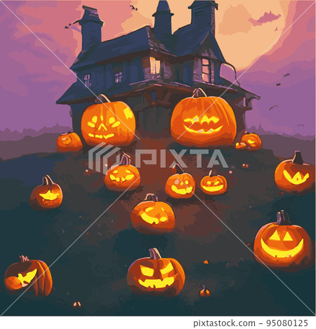 Creepy Halloween card. Glowing pumpkins on the background of a spooky place with a fantasy style house. Halloween party with pumpkins. Vector illustration. Creepy Halloween card. Glowing pumpkins on the background of a spooky place with a fantasy style house. Halloween party with pumpkins. Vector illustration. 95080125