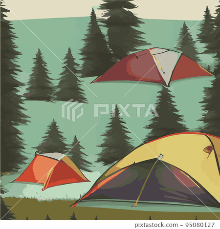 Camping tent near green forest and mountains. Summer or spring landscape. Cartoon tourist camp with a picnic place and a tent among the forests, mountain landscape. Vector illustration in flat style Camping tent near green forest and mountains. Summer or spring landscape. Cartoon tourist camp with a picnic place and a tent among the forests, mountain landscape. Vector illustration in flat style 95080127