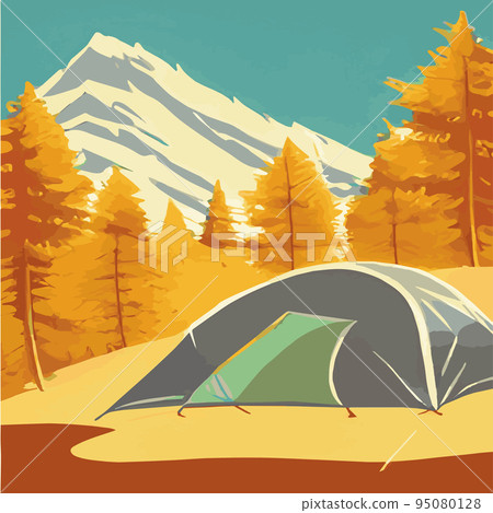 Autumn. Morning landscape in the mountains. Solitude in nature against the backdrop of mountains. Weekend in a tent in the autumn colorful forest. hiking and camping. Vector flat illustration 95080128