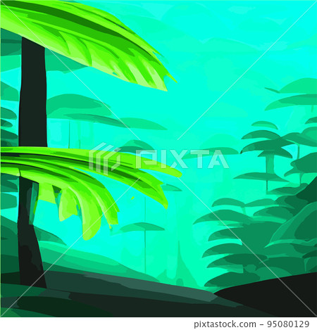 Tropical card with lush palm foliage. Oasis landscape. Hand drawn vector illustration .vector Tropical typography design with jungle green palm leaves. forest background 95080129