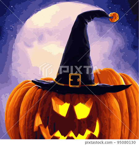 Funny Halloween pumpkin background with hat his head fantasy style. Vector illustration for postcard poster, print clothes or wrapping paper. Happy Halloween. Pumpkin Scarecrow for Thanksgiving Party 95080130