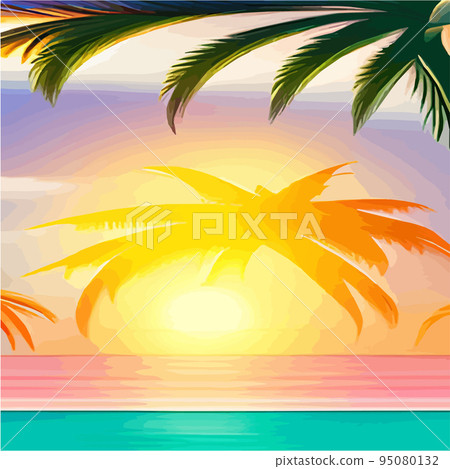 miami beach with palm trees at sunset .Tropical landscape with sunny sky, palm trees on the beach. silhouette of palm trees on the sunset beach miami beach with palm trees at sunset .Tropical landscape with sunny sky, palm trees on the beach. silhouette of palm trees on the sunset beach 95080132