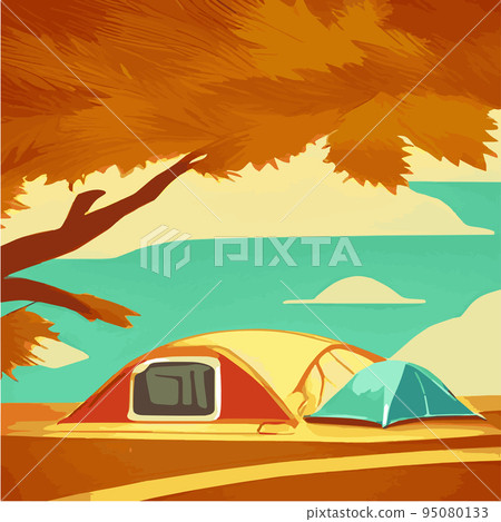 Autumn. Morning landscape in the mountains. Solitude in nature against the backdrop of mountains. Weekend in a tent in the autumn colorful forest. hiking and camping. Vector flat illustration Autumn. Morning landscape in the mountains. Solitude in nature against the backdrop of mountains. Weekend in a tent in the autumn colorful forest. hiking and camping. Vector flat illustration 95080133