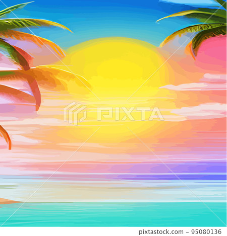 miami beach with palm trees at sunset .Tropical landscape with sunny sky, palm trees on the beach. silhouette of palm trees on the sunset beach miami beach with palm trees at sunset .Tropical landscape with sunny sky, palm trees on the beach. silhouette of palm trees on the sunset beach 95080136