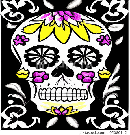 Traditional vetor illustration Day of Dead holiday, Mexican with sugar skulls tribute deceased. with floral ornament flower garland. design fabrics, textiles, paper, wallpapers Retro. Vintage style. Traditional vetor illustration Day of Dead holiday, Mexican with sugar skulls tribute deceased. with floral ornament flower garland. design fabrics, textiles, paper, wallpapers Retro. Vintage style. 95080142