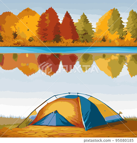 Autumn camping in the autumn colorful forest on the lake with a tent. The concept of hiking in the autumn season. Flat autumn landscape. Vector countryside illustration with woods Autumn camping in the autumn colorful forest on the lake with a tent. The concept of hiking in the autumn season. Flat autumn landscape. Vector countryside illustration with woods 95080185