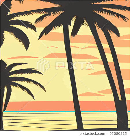 Vintage palm trees beach. Abstract background with sunny gradient. Palm trees silhouettes. Vector design template for logo Summer vacation. Sunset with palm trees colored background Vintage palm trees beach. Abstract background with sunny gradient. Palm trees silhouettes. Vector design template for logo Summer vacation. Sunset with palm trees colored background 95080215